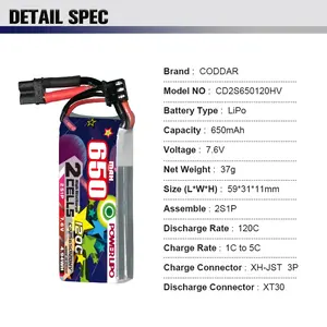 2PCS Baterai Lipo 2S 3S 4S 6S 650mAh 850mAh 7.6V 11.4V 15.2V 22.8V 120C HV untuk Drone RC FPV Quadcopter Helikopter Pesawat XT30 - Product Image 6