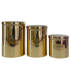 Golden Metal Storage <b>Canisters</b> <b>Set</b> Sugar Tea Coffee Airtight Lids <b>Kitchen</b> Organizer Modern Design Cylinder Shape - Product Image 1