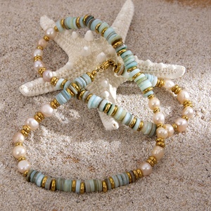 High-End <b>Titanium</b> Steel Pearl Necklace with Turquoise 18K Gold Plated Ins Style Stainless Steel Beads <b>Chain</b> for Collarbone - Product Image 1