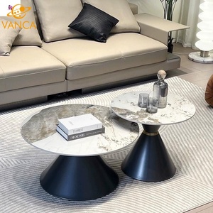 Modern Stone Coffee <strong>Table</strong> Set With High <strong>Gloss</strong> Lacquer Finish Round <strong>Nesting</strong> Coffee <strong>Table</strong> for Living Room - Product Image 3