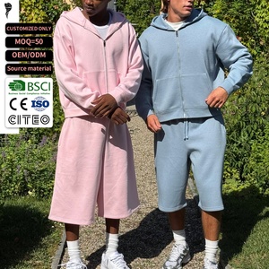 Custom Men Casual Tracksuit Zip Up Cropped Hoodie Knee Length Wide Leg Sweat Shorts 2 Piece Oversized Jogger Matching <b>Set</b> - Product Image 1
