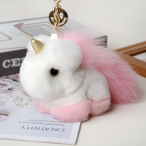 Lujo Real Rex piel <span class=keywords><strong>de</strong></span> conejo unicornio juguetes llaveros felpa Pony colgante bolsa coche llavero mujeres señoras llaveros muñeca regalo <span class=keywords><strong>de</strong></span> cumpleaños - Product Image 6