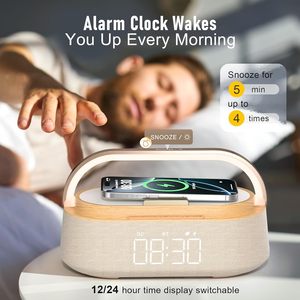 Enceinte sans fil <span class=keywords><strong>avec</strong></span> charge sans fil, <span class=keywords><strong>radio</strong></span> FM, batterie 2500 mAh, veilleuse LED, alarme, en plastique, pour la maison, la chambre, le bureau, cadeaux - Product Image 3