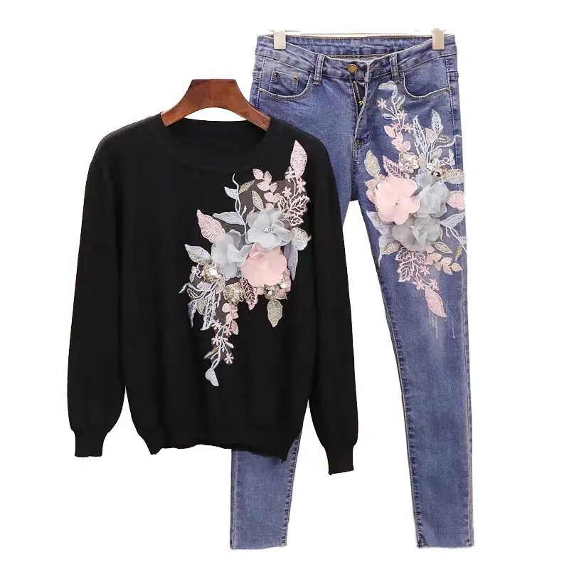 Sadi Casual Zomerkleding Set Gebreide Sweatshirt Met Lange Mouwen En Dames Jeans Broek Effen Stijl Met Borduurwerk