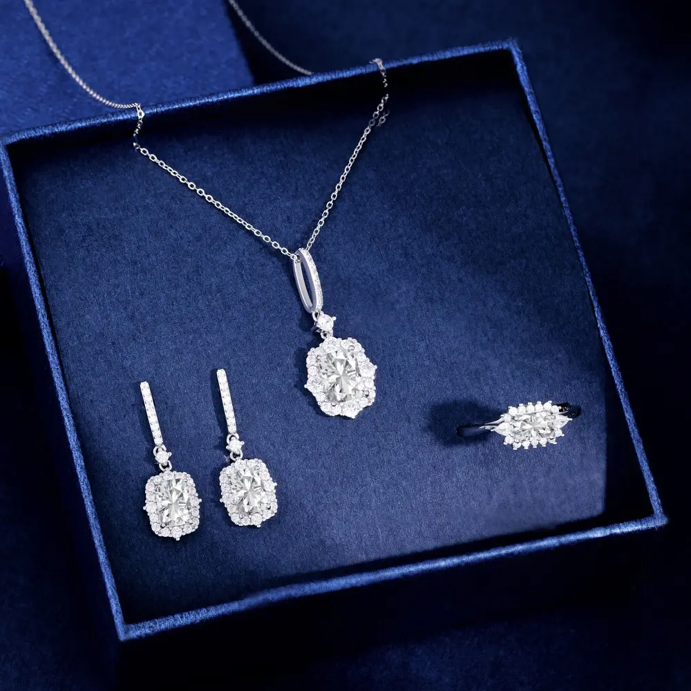 Conjunto de joyería de plata S925 de piedra colorida, collar de tres piezas de gama alta, pendientes de anillo cruzado, joyería de plata más vendida