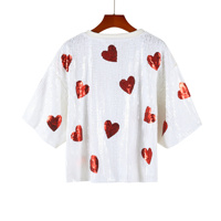 En stock, haut en sequins, haut rouge à cœurs, haut à col rond ample à manches courtes personnalisé pour la Saint-Valentin