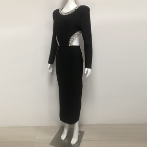 Yüksek kalite kadınlar konfeksiyon üreticisi siyah Rhinestone kesme kulübü abiye uzun kollu Maxi parti resmi elbise - Product Image 3