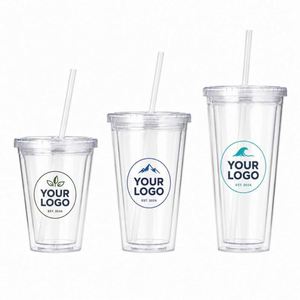Venta al por mayor de vasos de plástico acrílico transparente de doble pared sin BPA de 12oz, 16oz, 22oz, 24oz para jugo, agua, té y café con pajita y tapas - Product Image 1