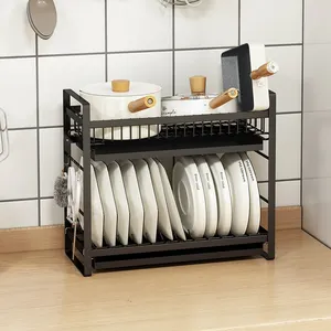 Estante para almacenamiento de vajilla, estante para secar platos de 2 niveles, escurridor de cubiertos, escurridor de platos de color negro para Cocina