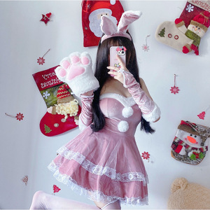 Disfraz de conejita, vestido de terciopelo rosa con orejas y guantes, disfraz de cosplay para mujer, traje de fiesta - Product Image 2