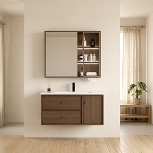 Mobile Bagno Moderno in Compensato con Specchio LED, Mobile Sospeso a <span class=keywords><strong>Parete</strong></span> in Noce con Lavabo in Ceramica per Bagno - Product Image 1