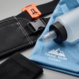 Kit de course personnalisé pour événement de trail running avec gourde souple, cache-cou, chaussettes de compression, clips pour dossard et ceinture de course - Product Image 3