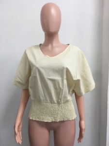 Damen V-Ausschnitt Kurzarm Bluse mit Geraffter Taille aus Leinen Lässige Weite Passform Oberteil Sehe Fashion - Product Image 6