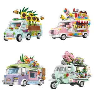 661000-661003 स्ट्रीट व्यू आइसक्रीम ट्रक पिज्जा फ्लावर फ्लोट क्रिएटिव डेकोरेशन बिल्डिंग ब्लॉक प्लास्टिक खिलौना उपहार बच्ची के लिए