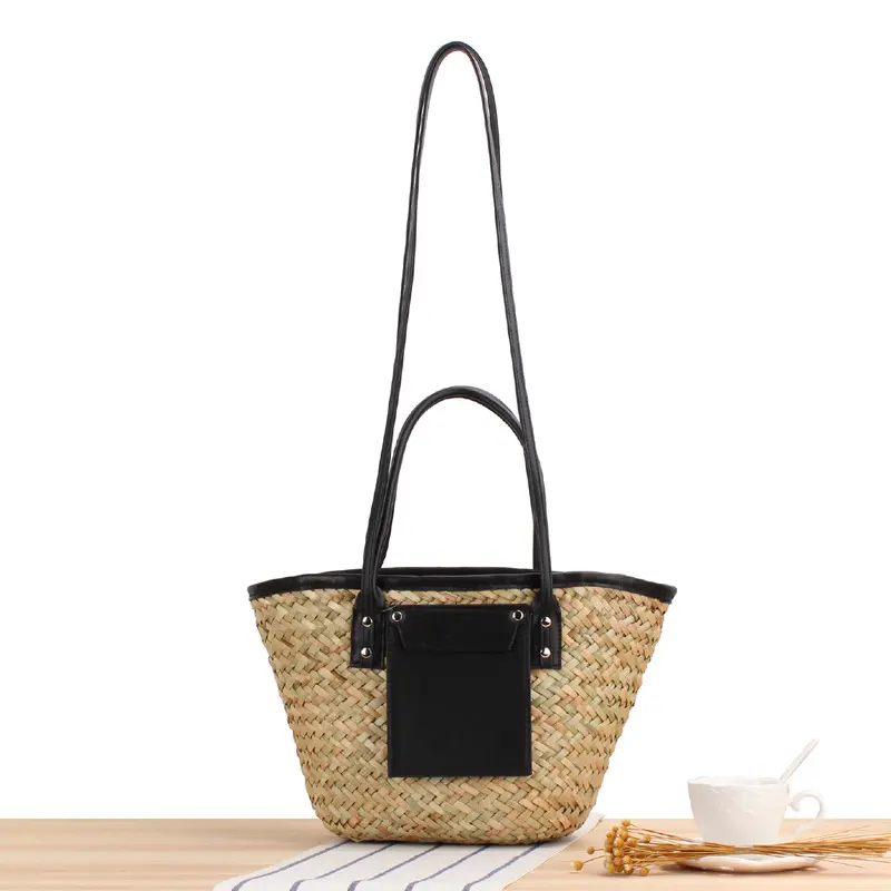 Durable Using Low Price Straw Basket Bag for Women Woven Tote Bag for Summer Beach PU Leather Strap Raffia Handbag