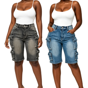 Shorts cargo en jean noir pour <span class=keywords><strong>femme</strong></span>, multi-poches, taille haute, style <span class=keywords><strong>Bermuda</strong></span>, délavé gris, pantalon streetwear décontracté, OEM - Product Image 1