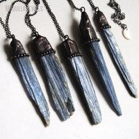 Collier pendentif en forme libre en cyanite bleue, pierre précieuse naturelle, plaqué argent antique, fait main, cadeau, NM43295