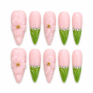 เล็บปลอมแบบกดติดลายดอกไม้ 3 มิติ ทำมือ สีชมพูเขียว ลายใบไม้ฝรั่งเศส ปิดเต็มเล็บ ใช้ซ้ำได้ สำหรับทำเล็บมือแบบมืออาชีพ - Product Image 1