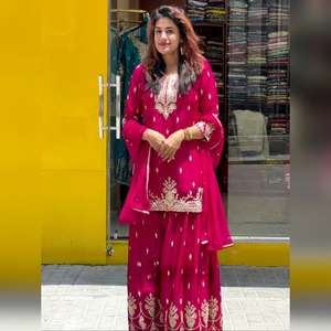 Women's Red Embroidered Traditional Indian Pakistani <b>Dress</b> With <b>Silver</b> Work Loose Fit Floor-Length Wedding Wear - Product Image 1