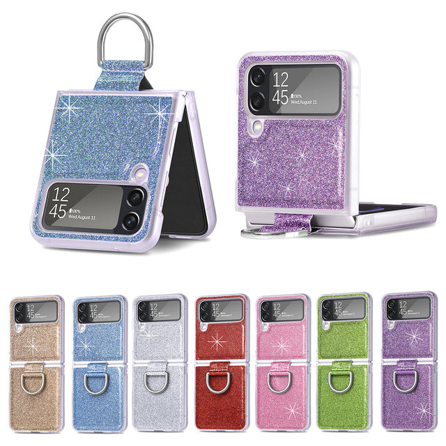 Phone Case Finger Ring Buckle Flashing Powder Case Fold up and Down Folding Screen Protector Cover for Samsung Z Flip 4 5 6