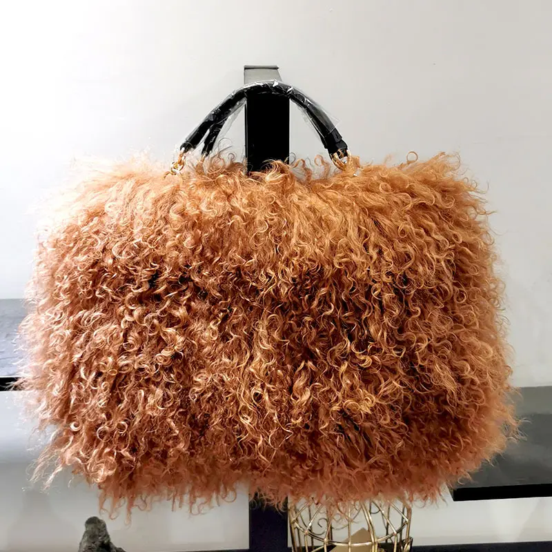 Yeni stil bayanlar Shoulderbag moda hakiki deri moğol kuzu kürk çanta