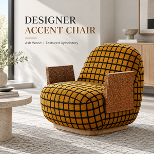 Fauteuil d'appoint moderne en tissu à carreaux couleur moutarde VB avec accoudoirs en bois de frêne sculpté, base en bois massif et mousse haute résilience - Product Image 1