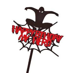 Örümcek adam kahraman siyah glitter kırmızı pastası topper akrilik kek topper mutlu doğum günü pastası topper