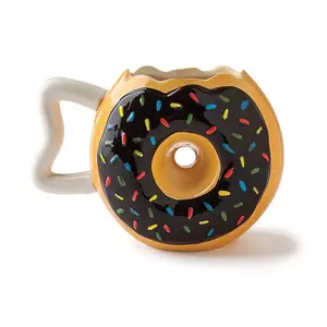 OEM new creative custom bisque ware wholesale ceramic white black and pink sweet doughnut shaped ceramic coffee mug with handle