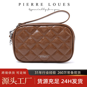 กระเป๋าใส่เหรียญหนังเคลือบแว็กซ์ Pierre Loues ขนาด 7 นิ้ว ซิปคู่ ช่องใส่ของหลายช่อง กระเป๋าใส่โทรศัพท์สำหรับผู้หญิง พร้อมสายคล้องข้อมือ - Product Image 5