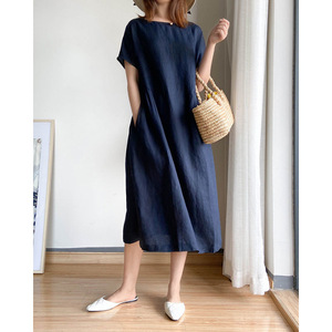 <span class=keywords><strong>Robe</strong></span> Décontractée d'Été Ample pour Femme <span class=keywords><strong>en</strong></span> Coton et <span class=keywords><strong>Lin</strong></span>, Manches Courtes, Grande Taille, Couleur Unie, Col Rond - Product Image 5