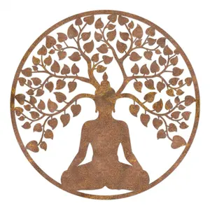 Buddha Tree Rustic Wall Art Yoga Art Wall Decor Abstract Woman with Birds Design Metal Wall Sculpture