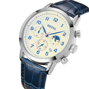 Montre chronographe pour homme de haute qualité avec bracelet en cuir, mouvement à quartz, phases lunaires, style business et mode, résistante à l'eau 3BAR - Product Image 2