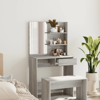 Nouvelle Arrivée Meilleur Prix Coiffeuse Moderne en Bois Composite Gris avec Miroir Éclairé, 3 Compartiments de Rangement et Design à Panneaux