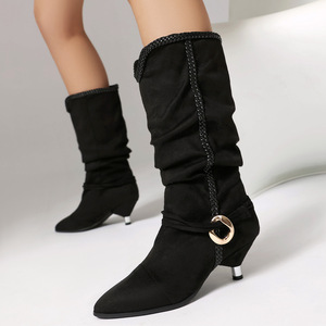 Denim Flock Piled Pleated <b>Ankle</b> Boots ZIP Closure Low Spike Heels Dress Stiletto Women Retro Styles Pointy Toe Short <b>Booties</b> - Product Image 1