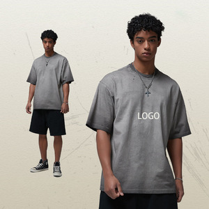 T-shirt vintage en lambeaux de polissage de bord de couleur unie personnalisée T-shirt uni ample à la mode pour hommes T-shirt surdimensionné délavé - Product Image 1