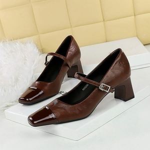 Retro Heel, Thick Heel, Shallow <strong>Mouth</strong> Splicing, Square Toe Rhinestone Buckle, Single Strap, Spring and Autumn Women's Shoes - Product Image 1