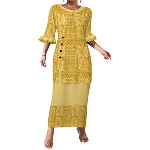 Polynesische Elei tribale design op maat gemaakte casual comfortabele feestjurk voor dames, ronde hals, knoopsluiting, tweedelig set Puletasi - Product Image 3