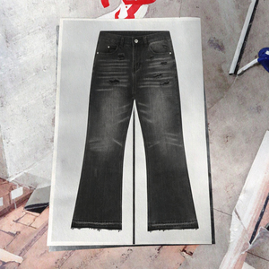 Nuevos Jeans Rectos Desgastados con Estampado Retro Americano para Hombre, Diseño de Diseñador, Negro Gris Piedra, Estilo Urbano, Tallas Grandes - Product Image 3