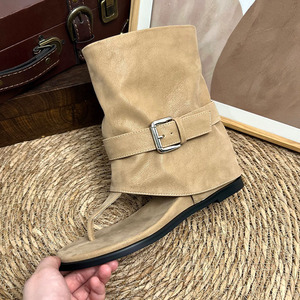 Sandalias Retro Estilo Hong Kong para Mujer, Chanclas Planas con una Sola Tira, Zapatos de Playa de Color Sólido Negro Caqui, Calzado de Verano a la Moda - Product Image 2