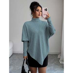 Pull poncho côtelé asymétrique d'hiver pour femme, col roulé, manches chauve-souris oversize, tricoté, manches longues, coupe ample, noir tendance - Product Image 1