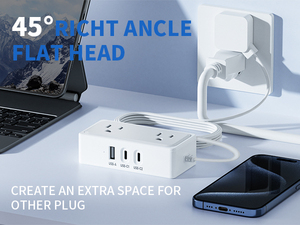 Regleta de alimentación de 5m probada con 2 tomas AC, 3 USB, 20W PD, protección contra sobretensiones y enchufe plano para EE. UU., Canadá y México - Product Image 6