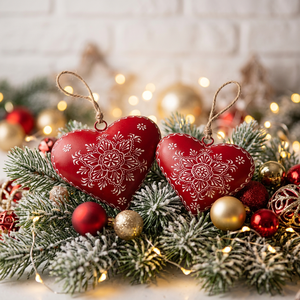 Ornements de Noël en métal rouge en forme de cœur avec motif floral blanc, décoration suspendue pour arbre de Noël - Product Image 6
