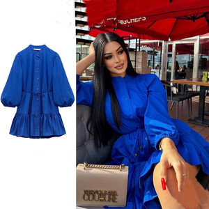3191 Nouvelle Robe Midi Trapèze de Luxe à Col Rond et Double Boutonnage, Manches Longues, Bleu Klein - Product Image 1