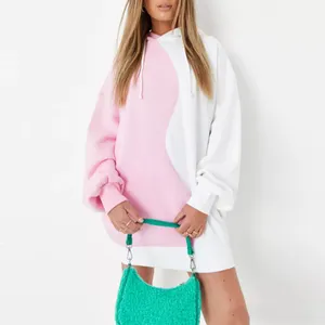 2024 New Arrival White and Pink Color Blocking Streetwear Hoodie Sweatshirt Dress For Women Plus Size Hoodie Dress