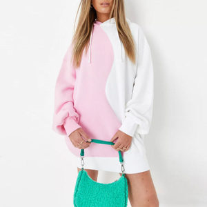 2024 nueva llegada blanco y rosa Color bloqueo Streetwear Sudadera con capucha vestido para mujer vestido con capucha de talla grande - Product Image 1
