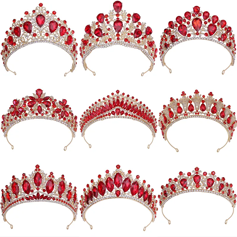 LUOXIN-Tiaras con diamantes de imitación para el pelo, accesorios para el cabello, corona, Reina, boda, color rojo, venta al por mayor
