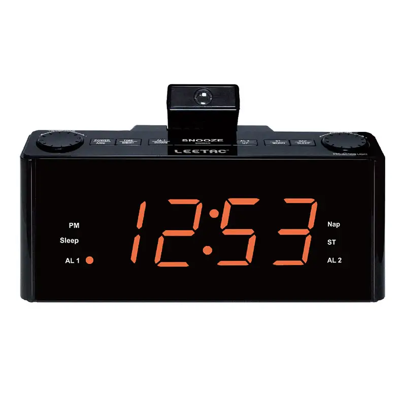 Cocok untuk Kamar Tidur, Kantor, Tampilan LED Amber 1.8 Inci dengan Fungsi RCC, Proyektor dan Speaker Stereo Bawaan Radio Alarm