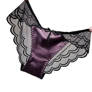 Sang Trọng Màu Tím Satin Ren Của Phụ Nữ Hàng Ngày Quần Lót Thấp Tăng Mỏng Nơ-Tie Sóng Lưới Tam Giác Rắn Dệt Kim Chống Vi Khuẩn Sexy - Product Image 1