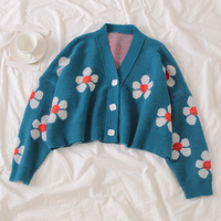 Manteau en tricot élégant de style académique à fleurs, col en V, pull cardigan pour le printemps et l'automne avec fermeture à simple boutonnage