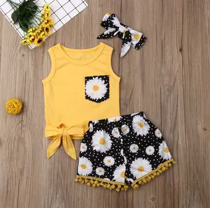 MIOZING Casual Kids Girl Clothes Yellow Sleeveless Tops T-Shirt Floral Shorts Headwear 3pcs Outfits Sets Kids Clothes